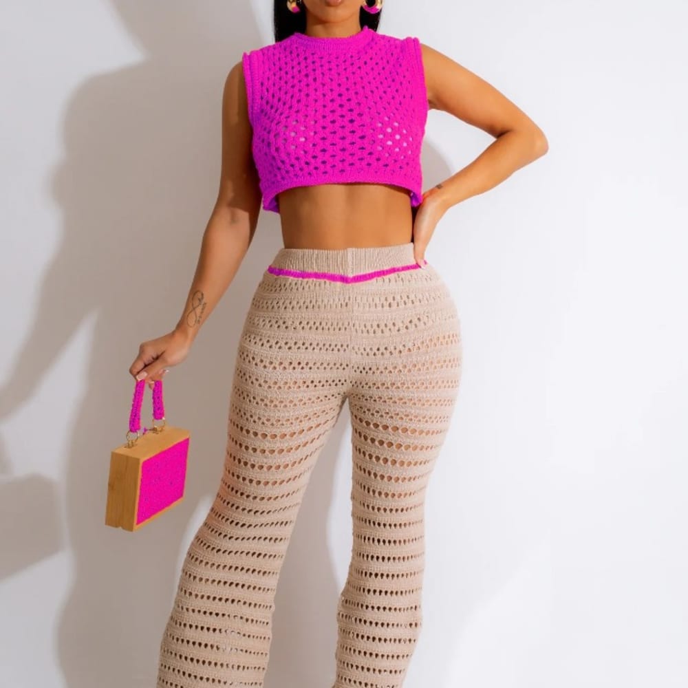 2023 Summer Knit Rib 2-Piece Set: Sleeveless Crop Top + Wide Leg Pants